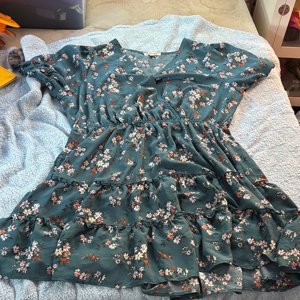 Inspired Hearts Green Dress with Floral Design